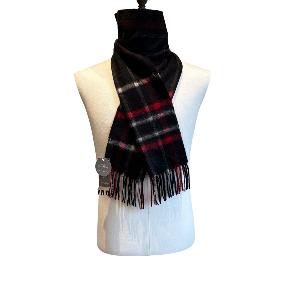 Charter Club Scarf Mens One Size Black Red Plaid 100% Cashmere Fringed FD547 NEW